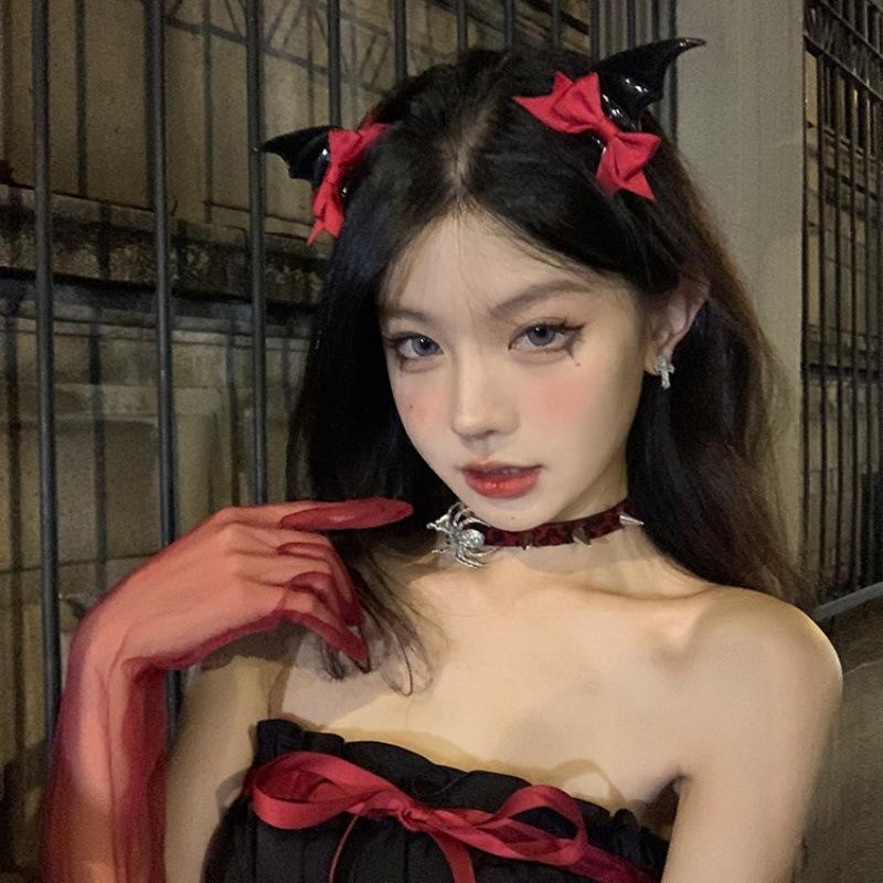 Gothic Dark Demon Bat Hair Clip Y2K Funny Bow Design Halloween Cos Photography Decor Headdress