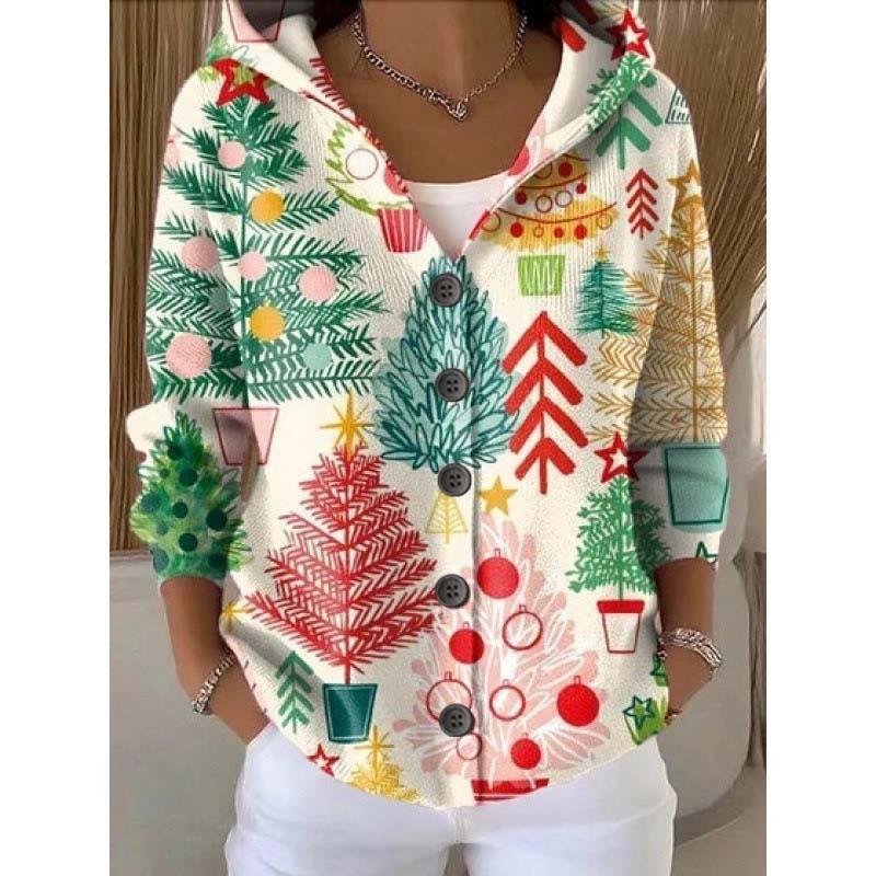 Women S Printed Button Knit Hooded Cardigan Sweatshirt Casual Loose Outerwear