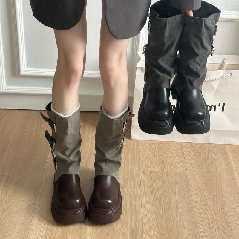 Fashion Winter Fashion Platform Heels Women Knight Boots Fashion Belt Buckle Slip On Shoes Ladies Elegant Mid Calf Booties