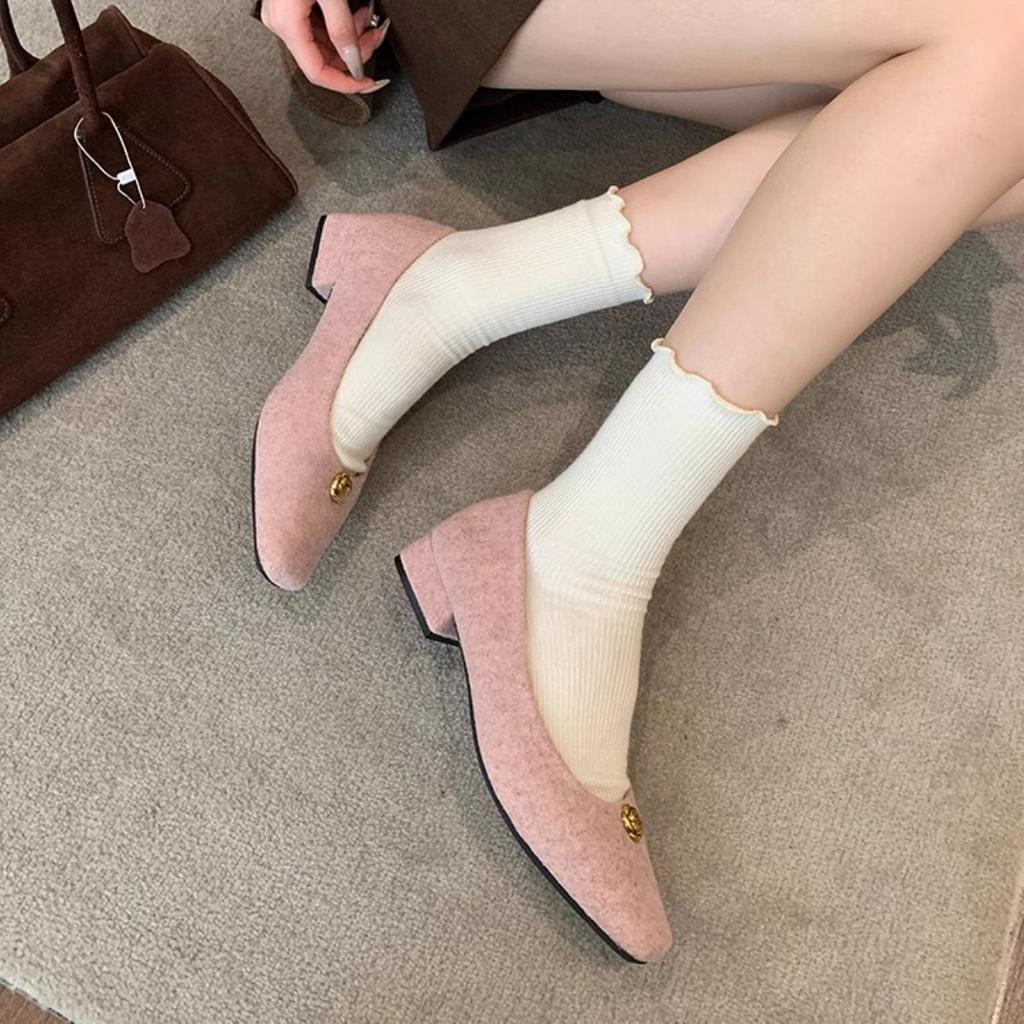 Girl Pink Small Fragrant Wind Camellia Velvet Beautiful Single Shoes 2025 Autumn and Winter New with Skirt Evening Evening Wind Women's Shoes