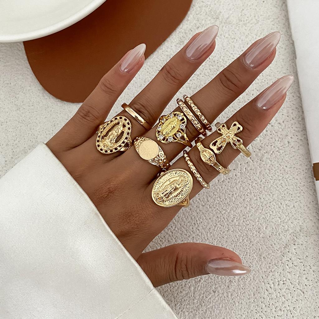 PuRui Punk 10Pcs/Set Gold Color Hollow Out Cross Shaped Rings Finger Women Creative Unique Daily Banquet Zircon Accessories