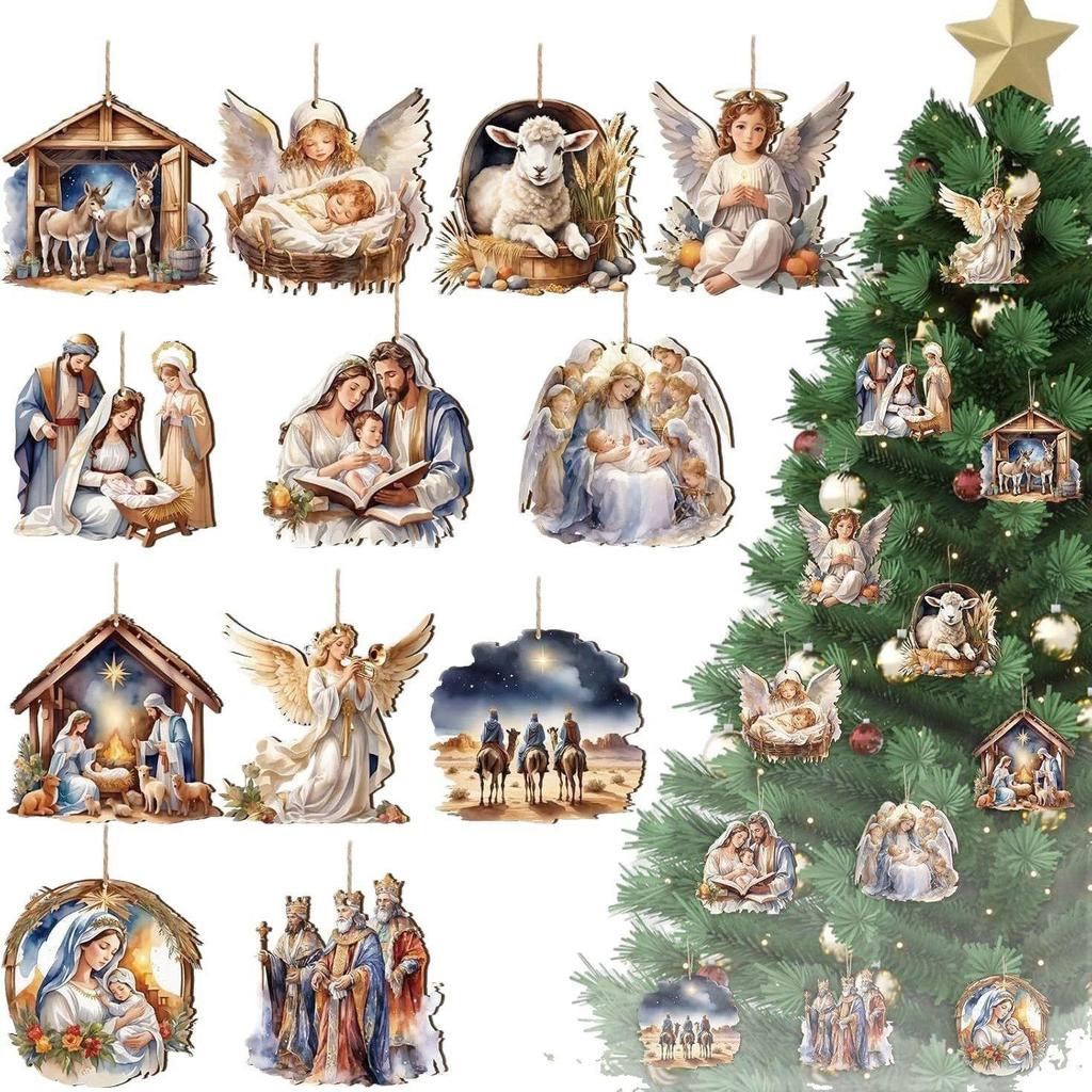 2D 12-teiliges Set Viktorianische Engel Holzdekorationsset, Traditionelle Feiertags-Hausfensterdekoration