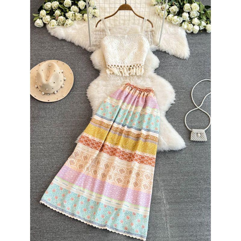 Bohemia Style Retro Tassel Suspender Tops High Waist Skirt Female 2024 New Arrival Summer Dopamine Suit