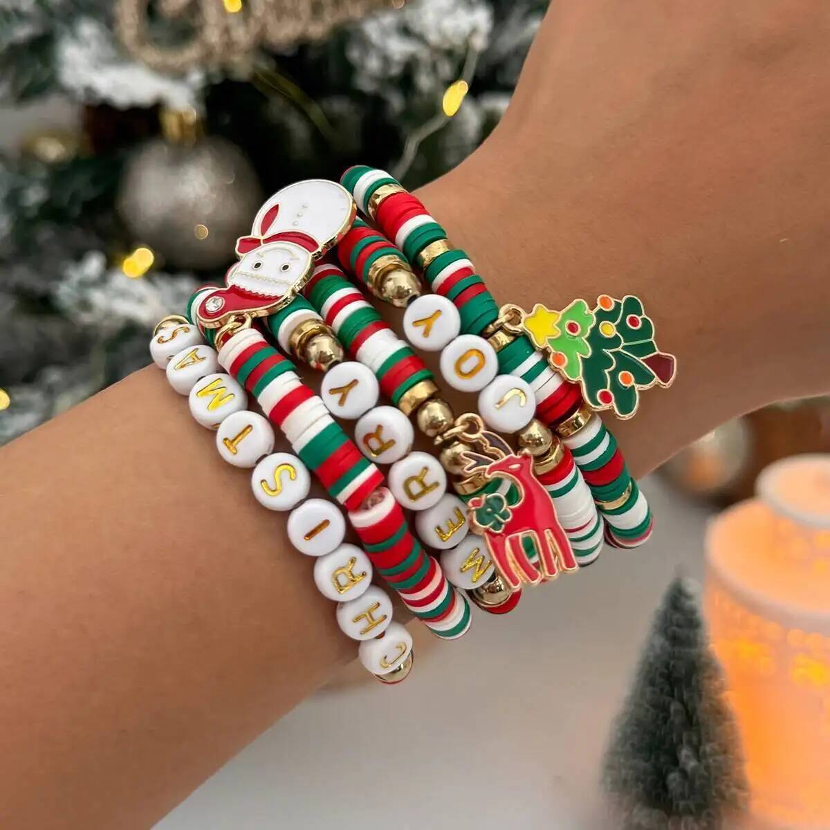 SHIXIN 6Pcs/Set Merry Christmas Letter Bracelets for Women Cute Christmas Tree Snowman Elk Pendant Bracelet Elastic Rope Bangle