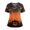 Women’s V Neck Short Sleeve Work Top with Dual Side Slits and Pockets Halloween Pumpkin Print Comfortable Fit