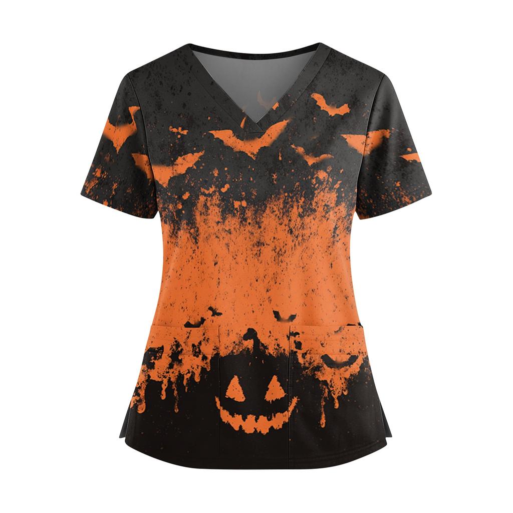 Women’s V Neck Short Sleeve Work Top with Dual Side Slits and Pockets Halloween Pumpkin Print Comfortable Fit