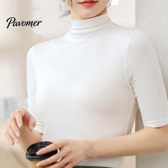 Pullover Top Summer Tops Turtleneck Solid Color Half Sleeve Slim Fit Smooth Women Shirt Wear Stretch Layer Comfy High Neck Daily Bottoming