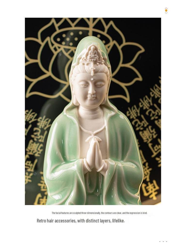 Ceramic Seated Guanyin On Lotus with Light Ring and Anjali Mudra for Home Decor