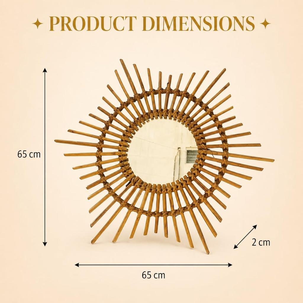 Eco Decx Handcrafted Rattan Sunburst Wall Mirror, Boho Round Cane Hanging Mirror for Bedroom, Bathroom & Living Room Decor, 65  x  2  x  65 cm
