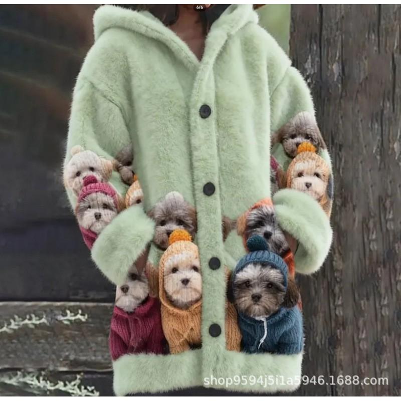 Womens 3D Cat Print Hooded Cardigan Sweater Coat Long Sleeve Thick Casual Outerwear