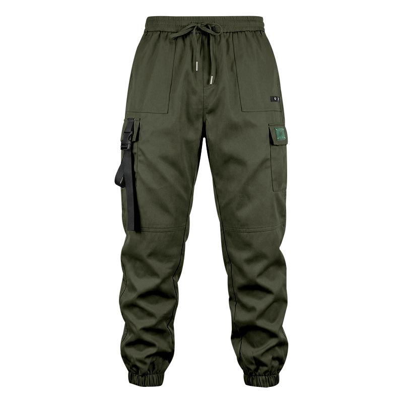 Men Drawstring Elastic Waist Jogger Cargo Pants, Multi Pockets Ribbon Decor Tapered Ankle Cuffs Casual Streetwear Utility Trousers Outdoor Daily Wear