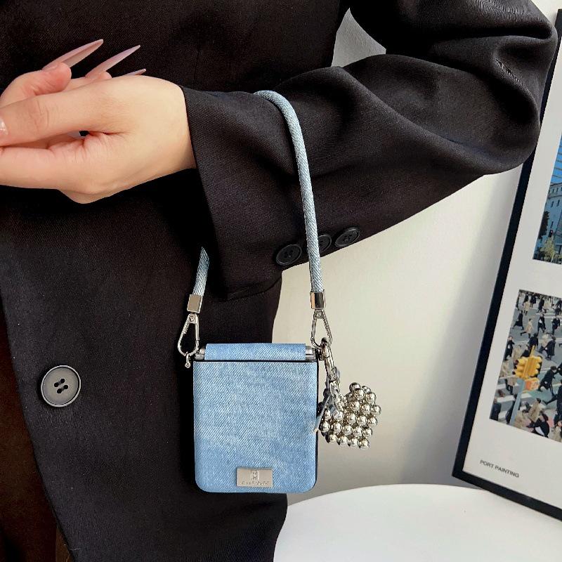 Samsung Z Flip7 Case: Stylish Denim Texture, Drop-Proof, Foldable Screen Protection, Anti-Lost Wrist Strap, Lanyard Included.