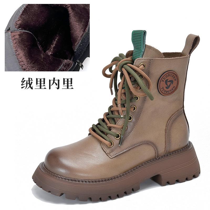 First-layer cowhide British wind locomotive boots round head thick-soled versatile short boots women's autumn and winter high-top Martin boots women's