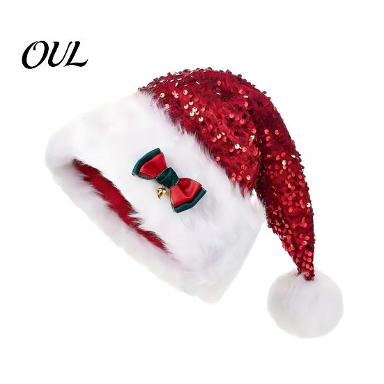Double Layer Thickened Velvet Hat Christmas Sparkly Sequins Santa for Adults, Plush Glitter Bling Warm Ear Protection Holiday Cap with Fluffy