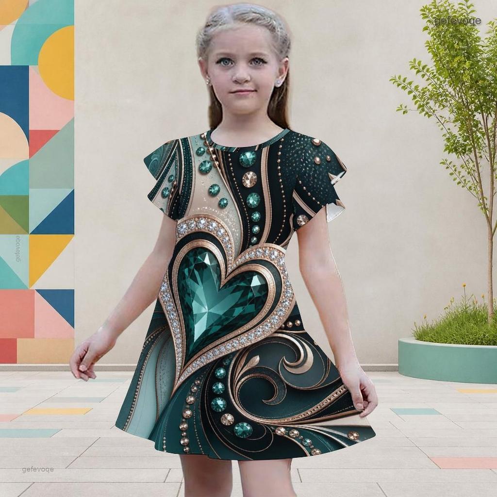 Girls Round Neck Flutter Short Sleeve A Line Flared Hem Printed Dress Black Green Gold
