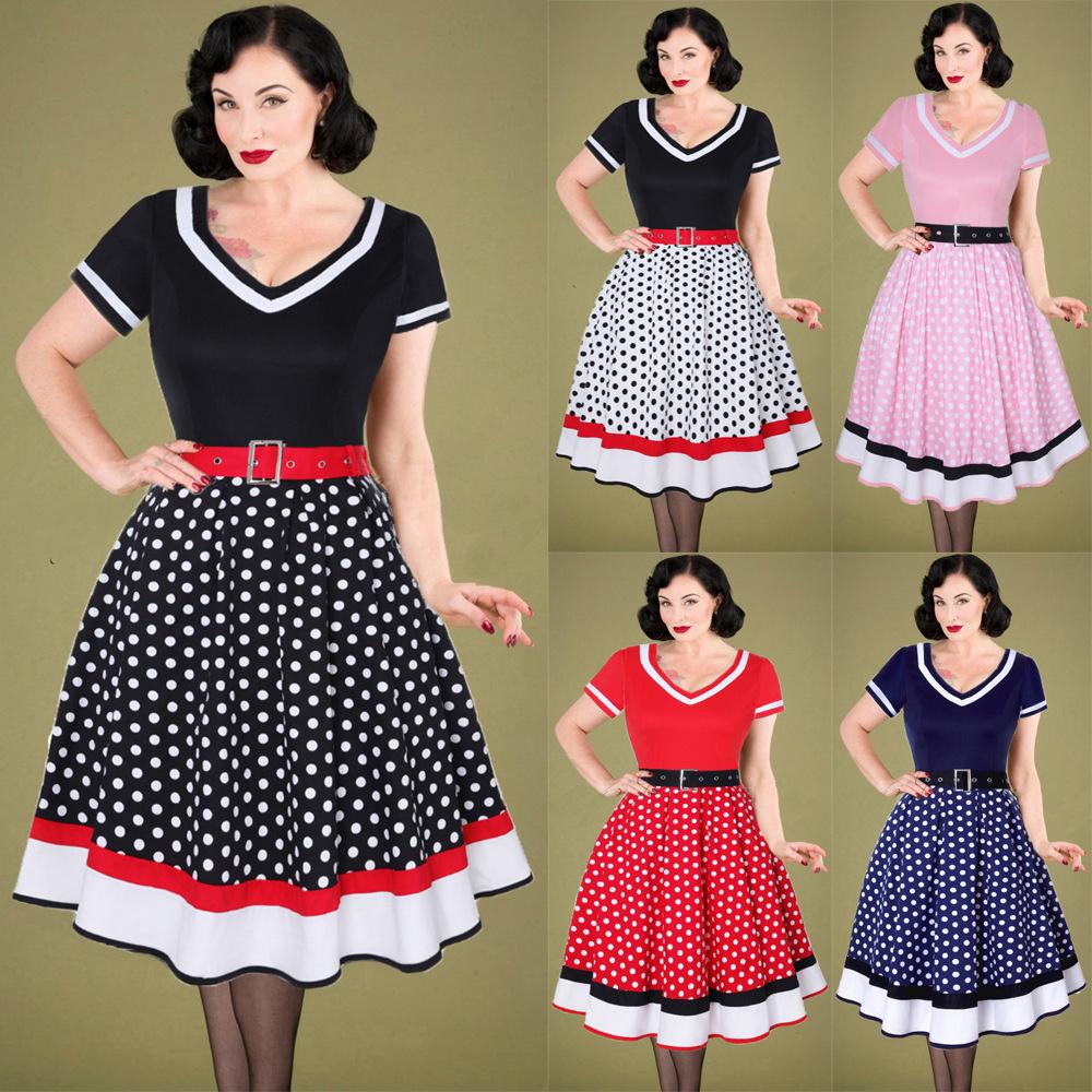 Retro Hepburn Stil Gepunktetes Baumwollkleid mit V-Ausschnitt und breitem Saum