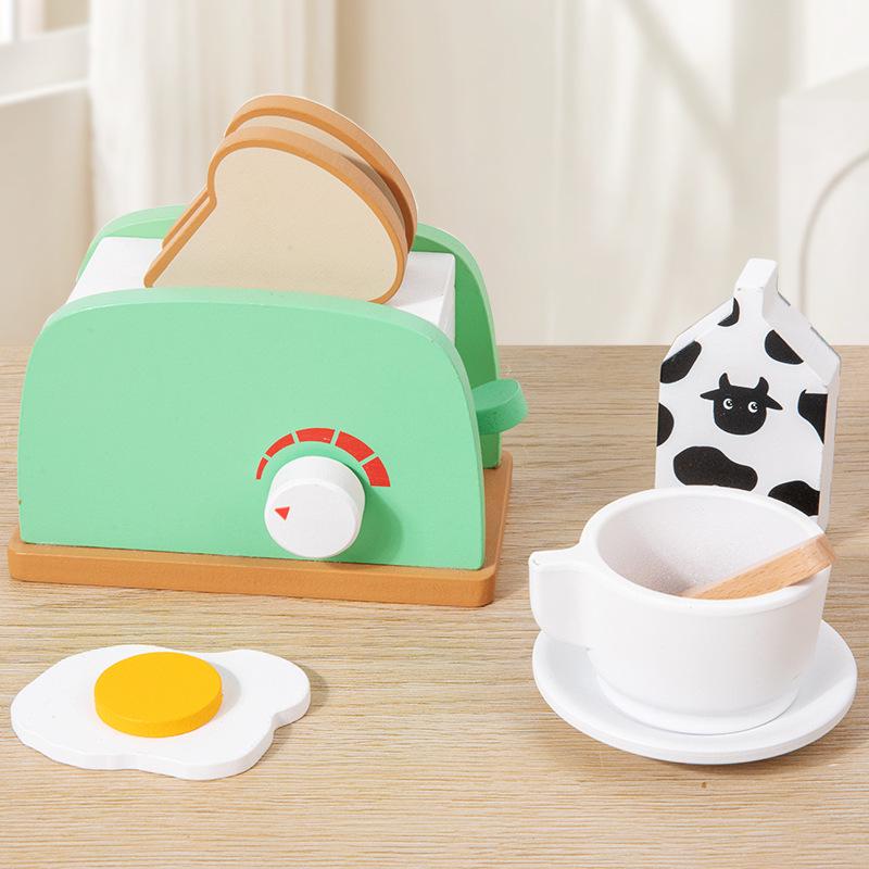 Toddler Pretend Play Wooden Kitchen Set: Toaster, Mixer, Coffee Maker, Juicer Toy.