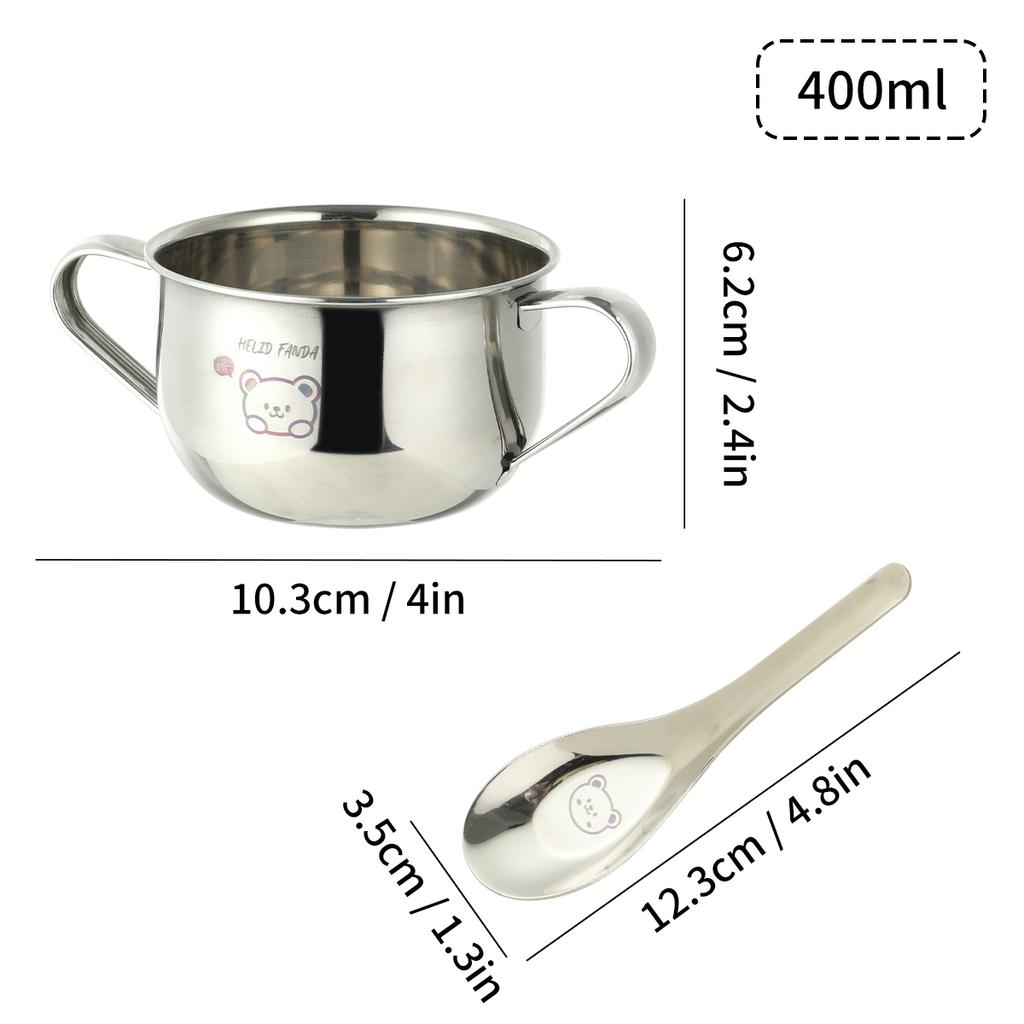 Bol pentru copii drăguț de 400 ml cu mâner dublu, bol pentru orez din oțel inoxidabil 304, bol pentru supă anti-opărire, set de veselă de bucătărie
