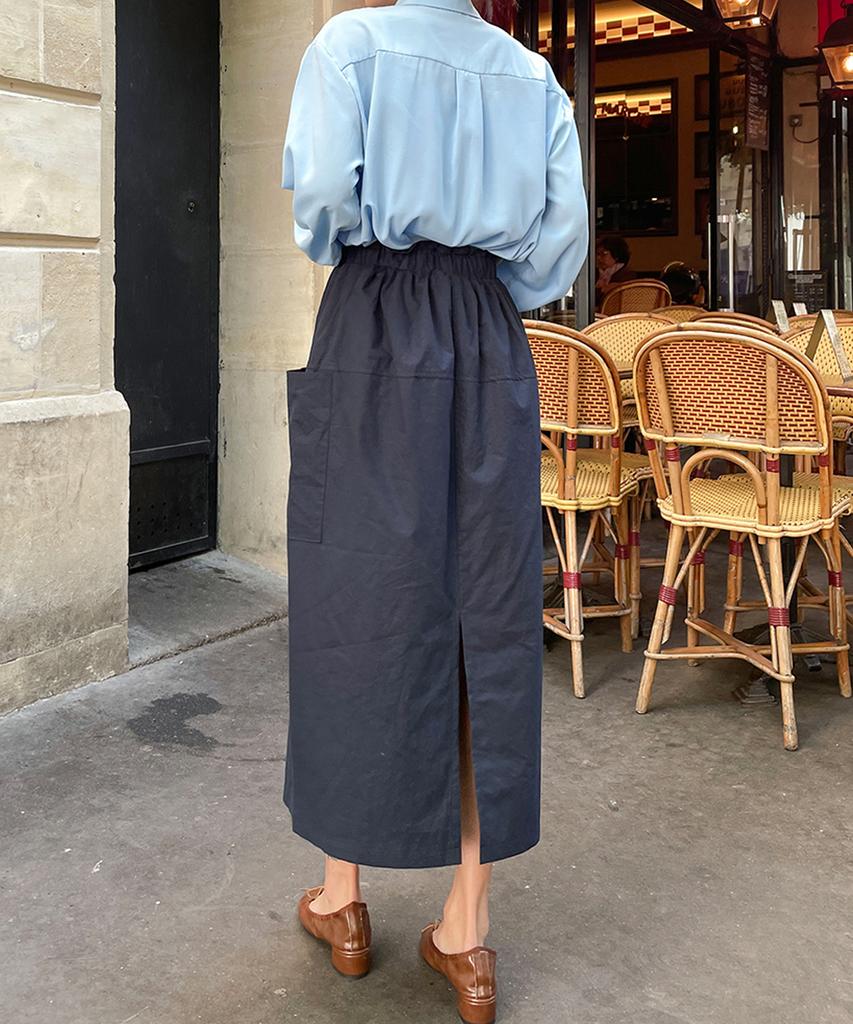 Ppaeppae Big Size Shirred Elastic Pocket Slit H-Line Long Skirt