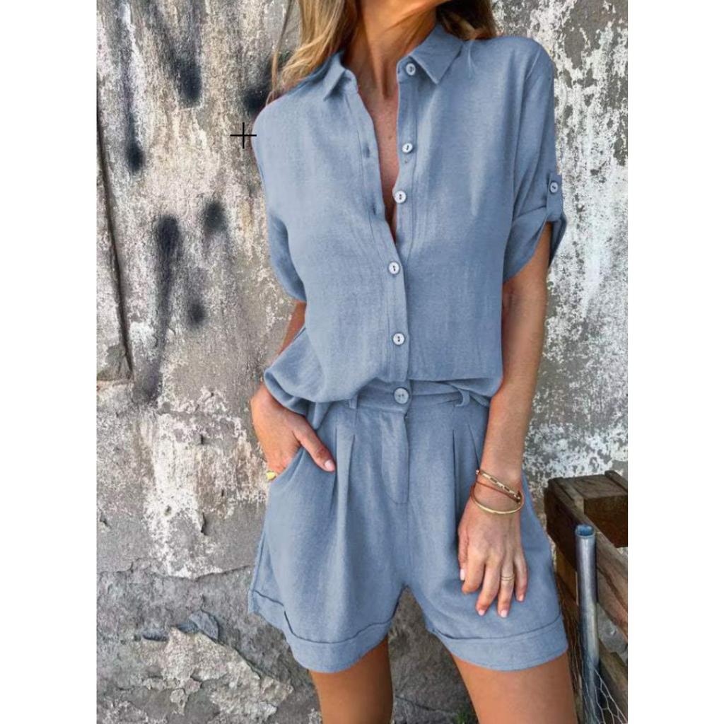 Damen Kurzarm Lockeres Oberteil Hohe Taille Elastische Shorts Zweiteiliges Lässiges Sommer-Set