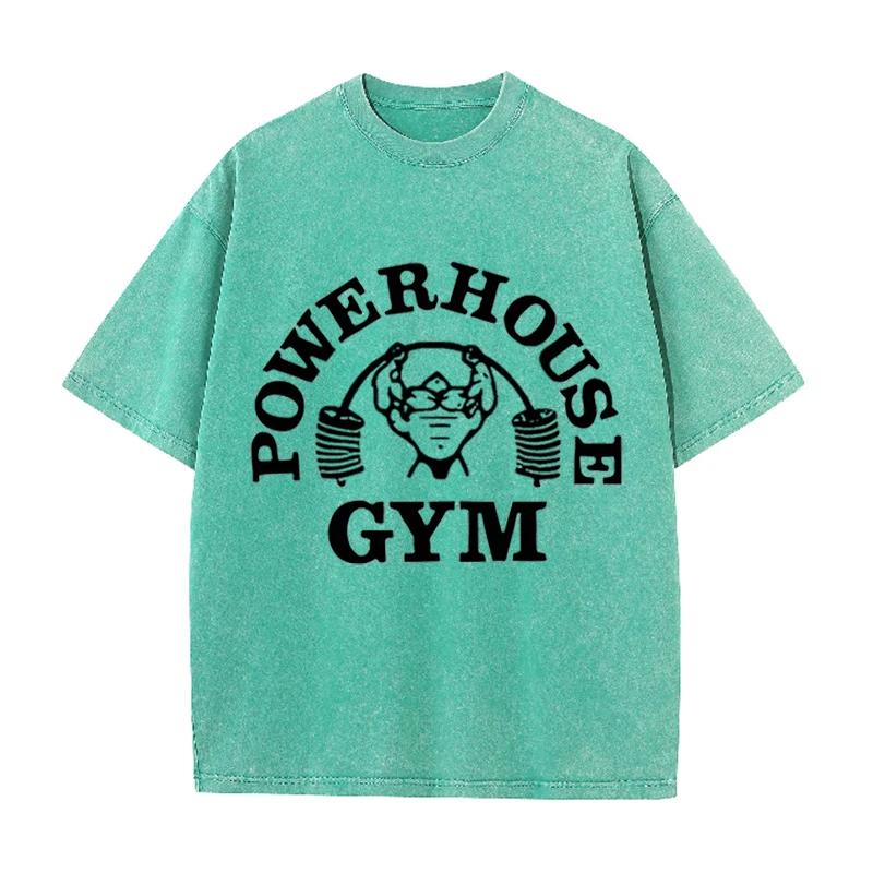 Powerhouse Gym Fitness Print Vintage Washed T Shirt Gym Workout Casual Tee