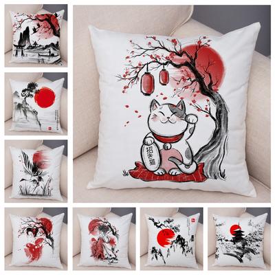 Japanese Style Ink Cushion Cover Decor Beautiful Scenery Cat Girl Pillowcase Soft Plush Pillow Case for Sofa Home Car 45x45cm