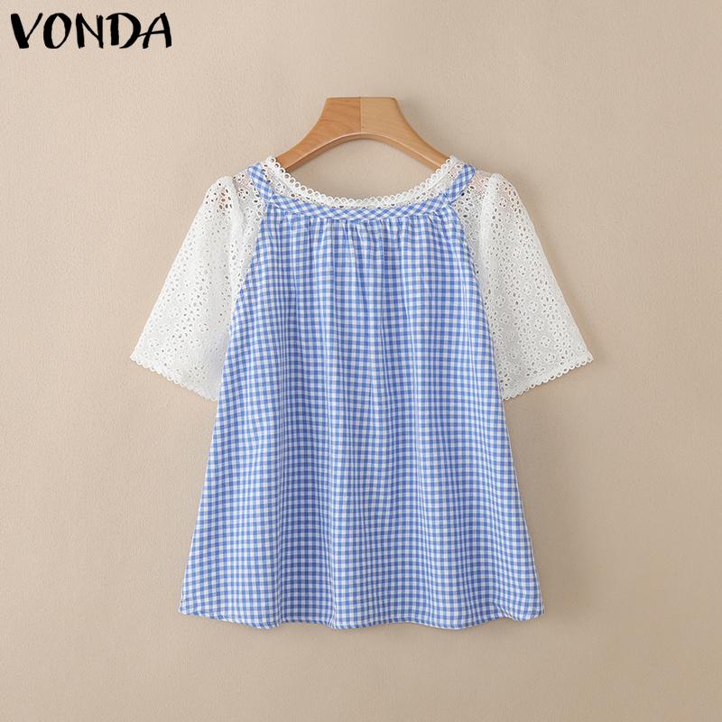 VONDA Women Short Sleeve Lace Crochet Hollow Patchwork Plaid Casual Blouse
