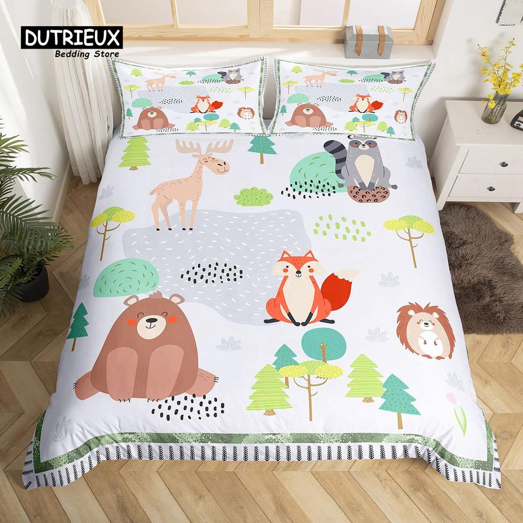 Cute Panda Duvet Cover Set Kawaii Rainbow Cartoon Animals Bedding Set Full Microfiber White Flowers Pink Heart Comforter Cover