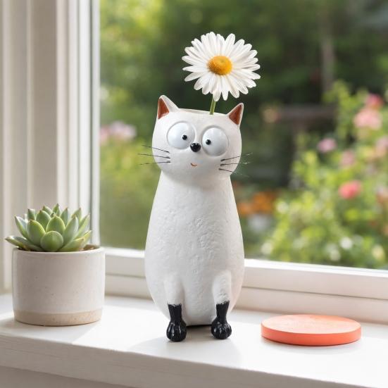 Lifelike Cat Figurine Quirky Vase, Cute Resin Flower Holder for Desk Shelf, Mini Planter Dried Flowers, Creative Home Decor Ornament,