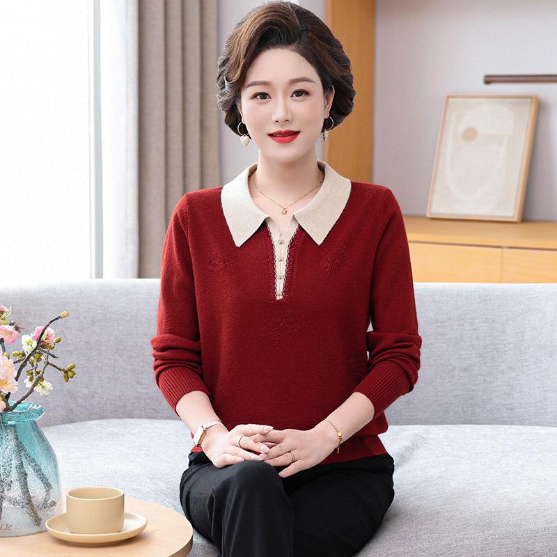 Mom's 2026 Autumn Lapel Knit Top: Stylish Sweater Set for Middle-Aged & Elderly Women