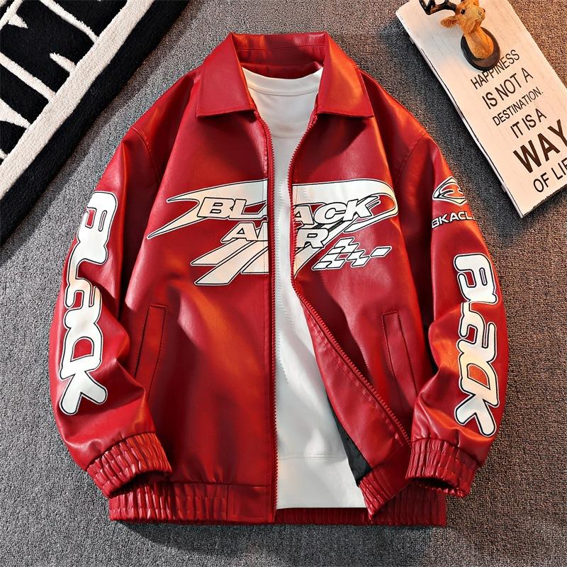 Source men's leather jacket American embroidered stand-up collar jacket men's and women's trendy brand locomotive leather jacket