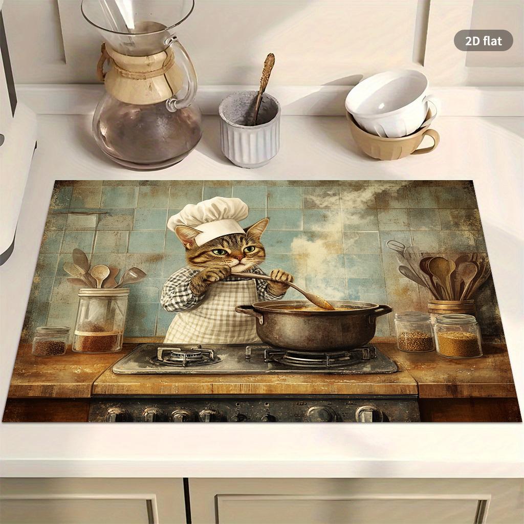 1Pcs Rubber Drying Mat With Retro Style Cooking Cat For Coffee Shop Restaurant Kitchen Carpet Tableware Durable Diatom Mud Table