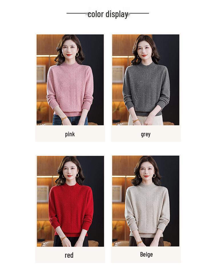 High-Grade Wool Sweater: Semi-High Collar, Fashionable Embroidery, Thick Knit for Middle-Aged/Elderly Women, Winter Warmth.
