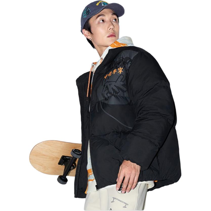 Li Ning Skateboard Series Lettera Giacca Piumino Manica Corta Larga Unisex Capispalla Nero Arancione Tramonto AYMU587-2