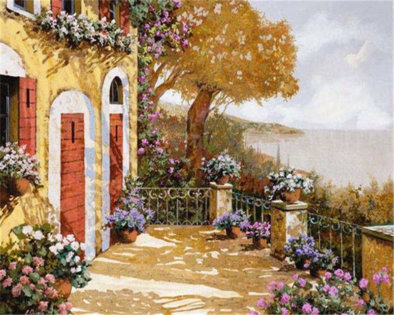 RUOPOTY Barvení podle čísel Městská krajina pro obývací pokoj na plátně Jedinečný dárek akrylový obrázek podle čísel domu