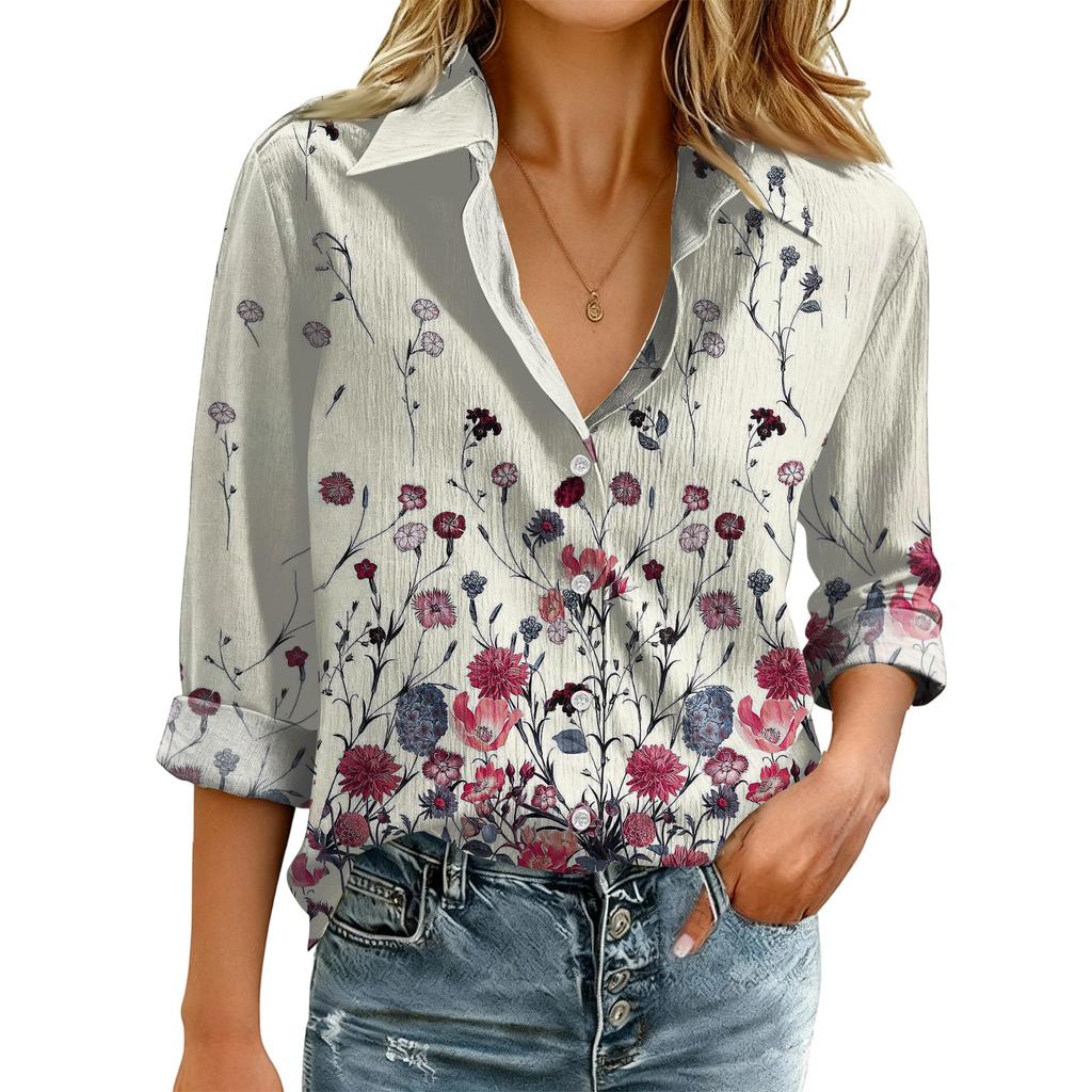 Women's Fashionable Casual Loose Floral Print Long,sleeved Shirt