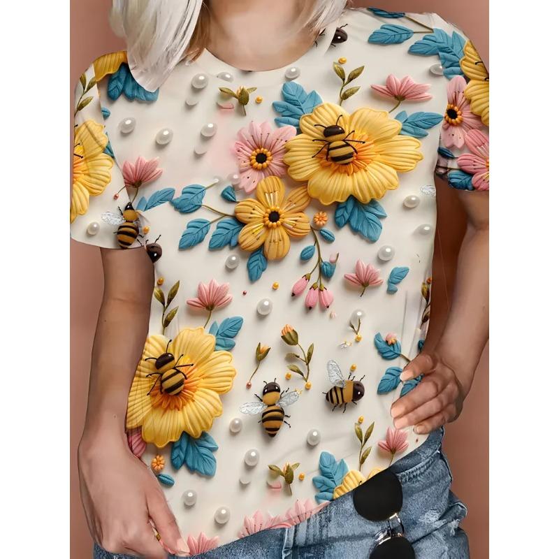 Summer Round Neck 3D bee Pattern Print Top Fashionable Casual Short Sleeved Women's T-shirts