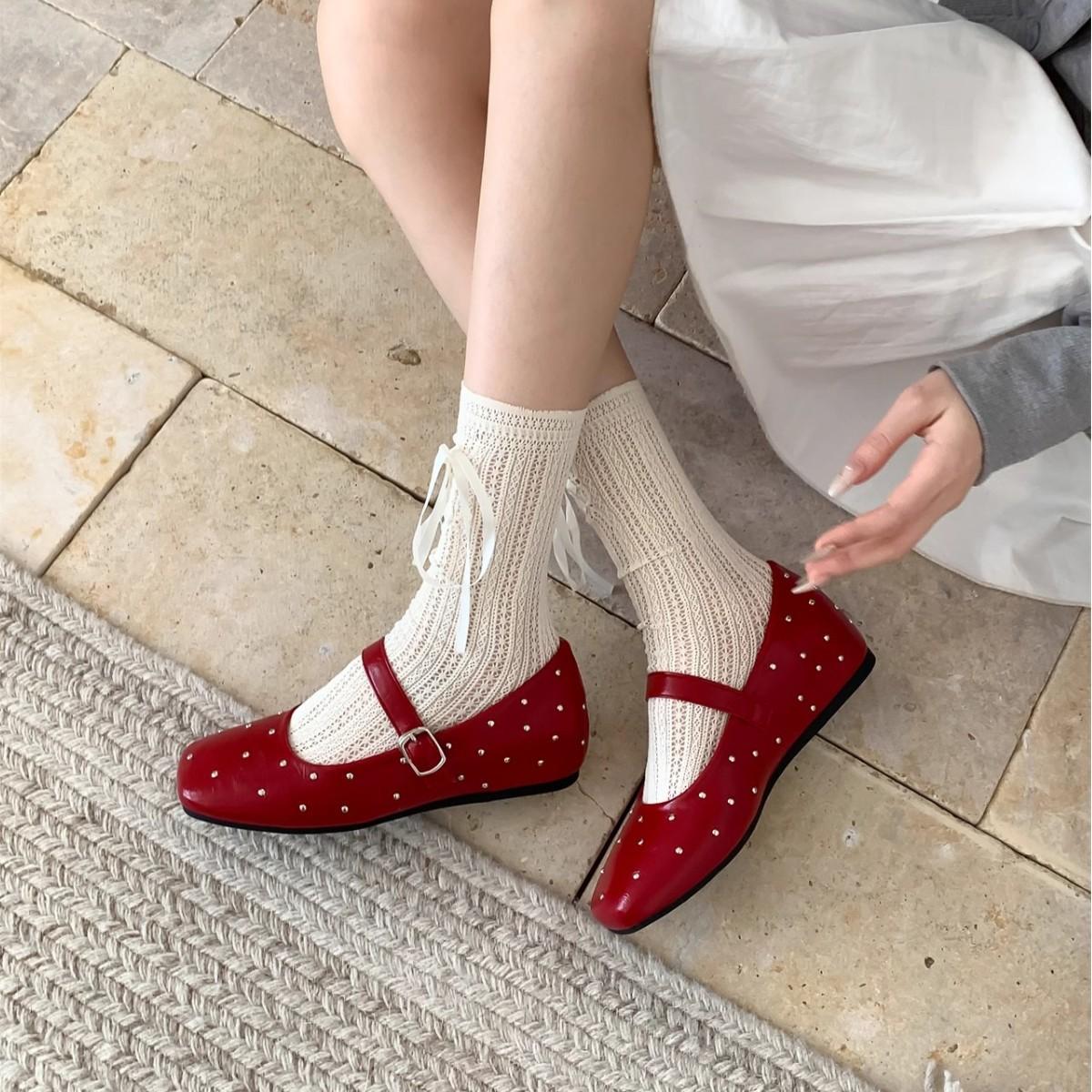 

Inner heightening version~ retro gypsy star riveted ballet single shoes women s spring and autumn one-word buckle with shallow mouth Mary Jane shoes 35 бежевый