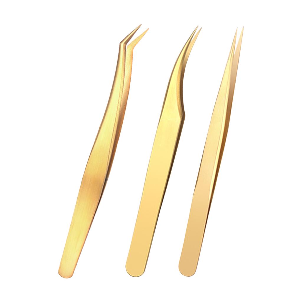 Gold Color Stainless Steel Eyelash Extension Tweezers Curved Straight Lashes Tweezer Eyelashes Nail Makeup Tools