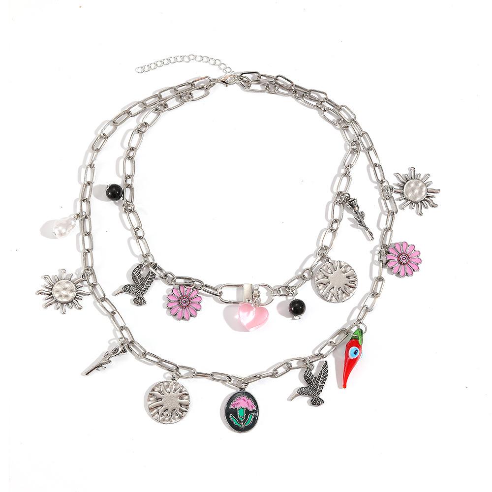 Multilayer Stacked Bird Flower Love Sunflower Accessories Pendant Necklace Summer Beach Women's Clavicle Chain