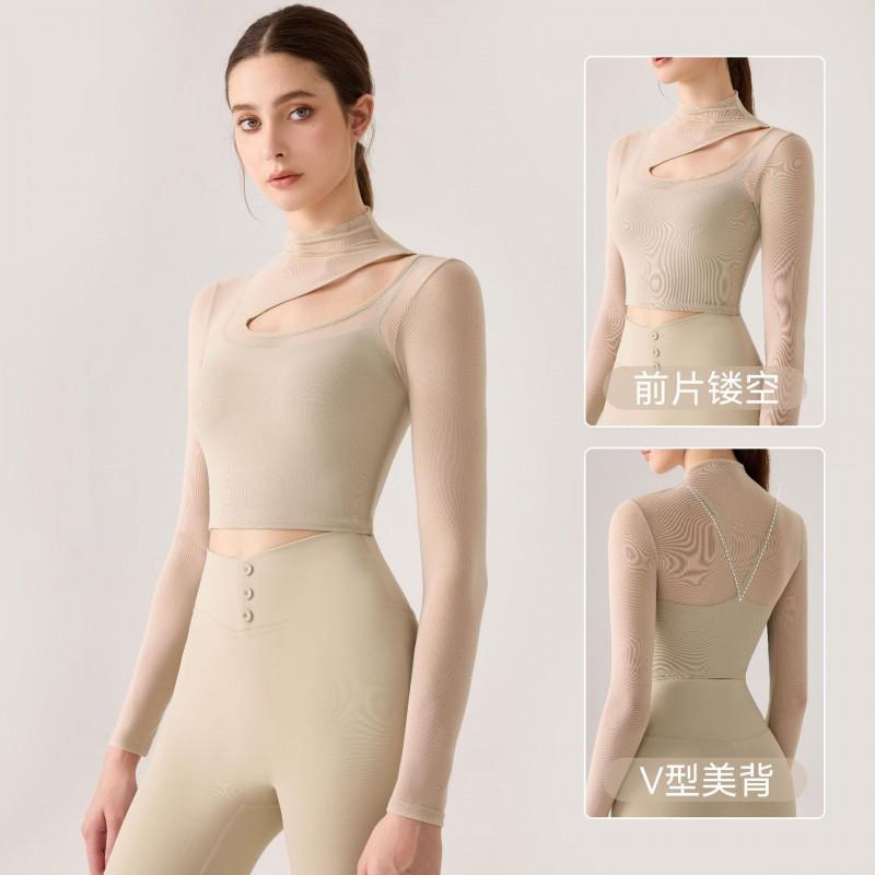 Womens Long Sleeve Yoga Top With Cutout Detail High Neck Breathable Mesh Fitness Wear