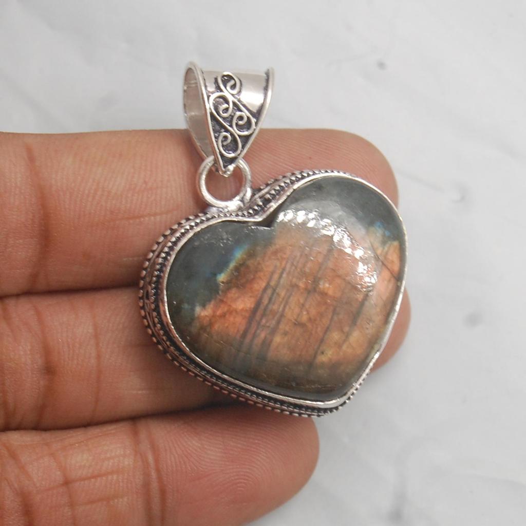 Heart Shape Red Blue Labradorite 925 Sterling Silver Pendant, Boho Style Labradorite Pendant Jewelry
