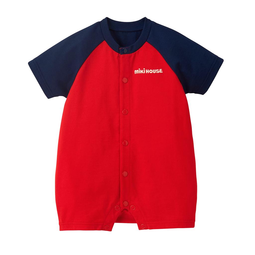 Shortalls 90cm Red X Navy Romper Short Sleeve Logo Made In Japan Baby Baby Clothes Infant 90cm Red Navy [Mikihouse] 10-1305-493