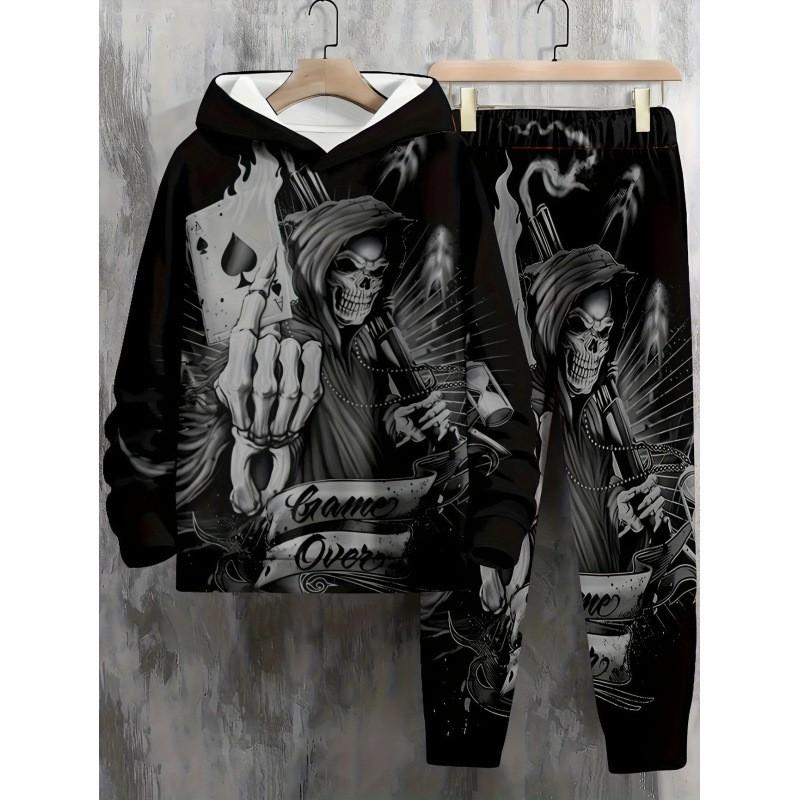 Fashion Skull 3D Print Hoodie Sweatpants Set Men