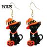 Eye Catching Seasonal Ear Jewelry 1 Pair Halloween Black Cat Acrylic Earrings for Women, Cute Unique Niche Holiday Gift Her with Wizard Hat