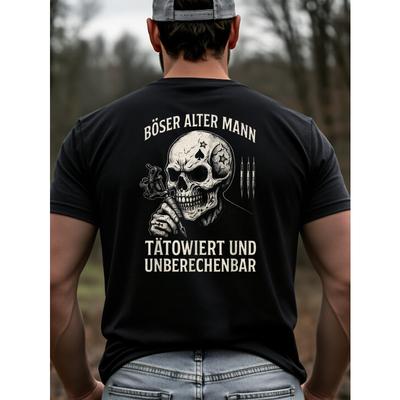 Stylové Pánské Tričko s Grafickým Potiskem Design Lebky s Tetováním a Německým Textem, Streetwear Styl pro Běžné Nošení na Jaře a na Podzim, NADMĚRNÁ VELIKOST