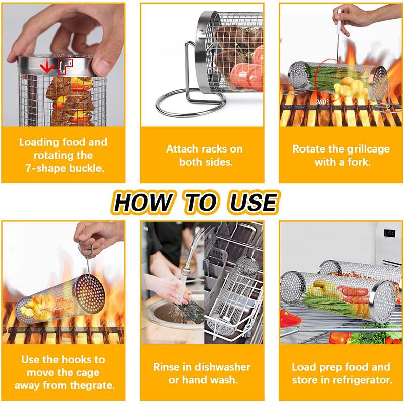 Stainless Steel Rolling Grilling Baskets 360° Large Heavy Duty BBQ Basket Round Mesh Rotation Barbecue Cage Cooking Accessories
