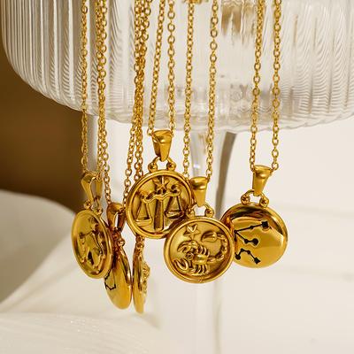 Gold Titanium Steel Round Double-Sided Wearing 12 Constellation Necklace Women'S Light Luxury Collarbone Chain Pendant