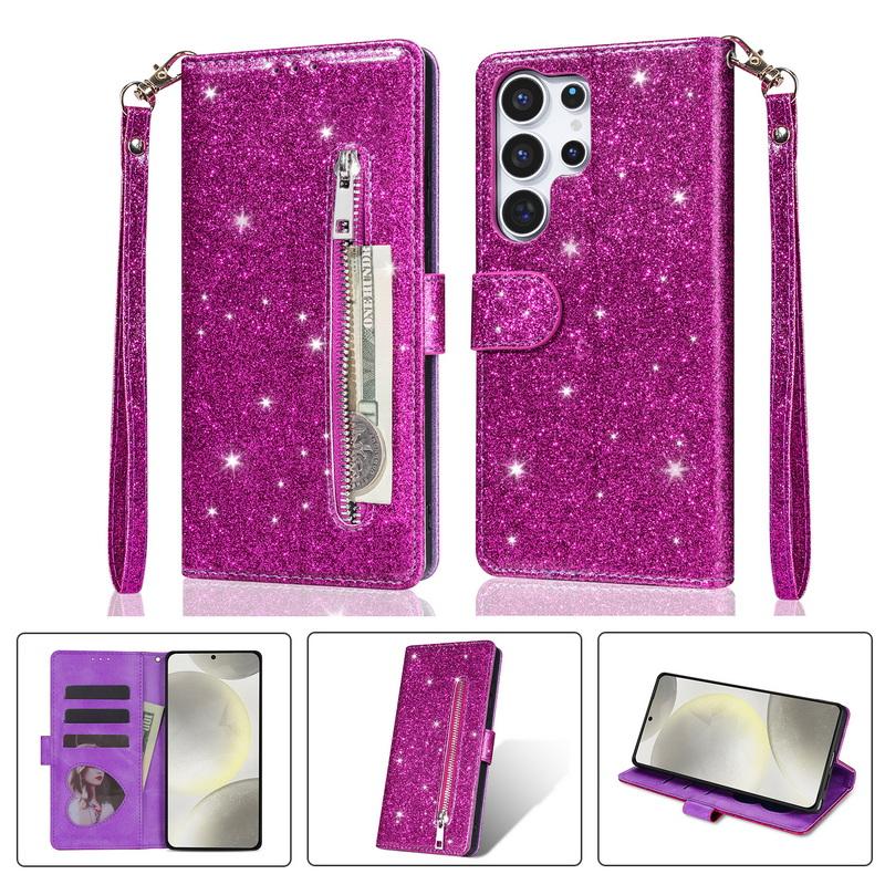 Custodia a Portafoglio Flip in Pelle con Zip Glitterata Per Samsung A57 A37 A17 A56 A36 A26 A16 A55 A35 A25 A15 A54 A34 5G S21 FE S22 S23 S24 Plus S25 Edge S26 Ultra
