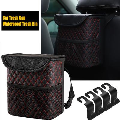 Universal Interior Trash Can Waterproof Trash Bin Multifunction Seat Back Garbage Auto Organizer W/ 4 Free Hook Car